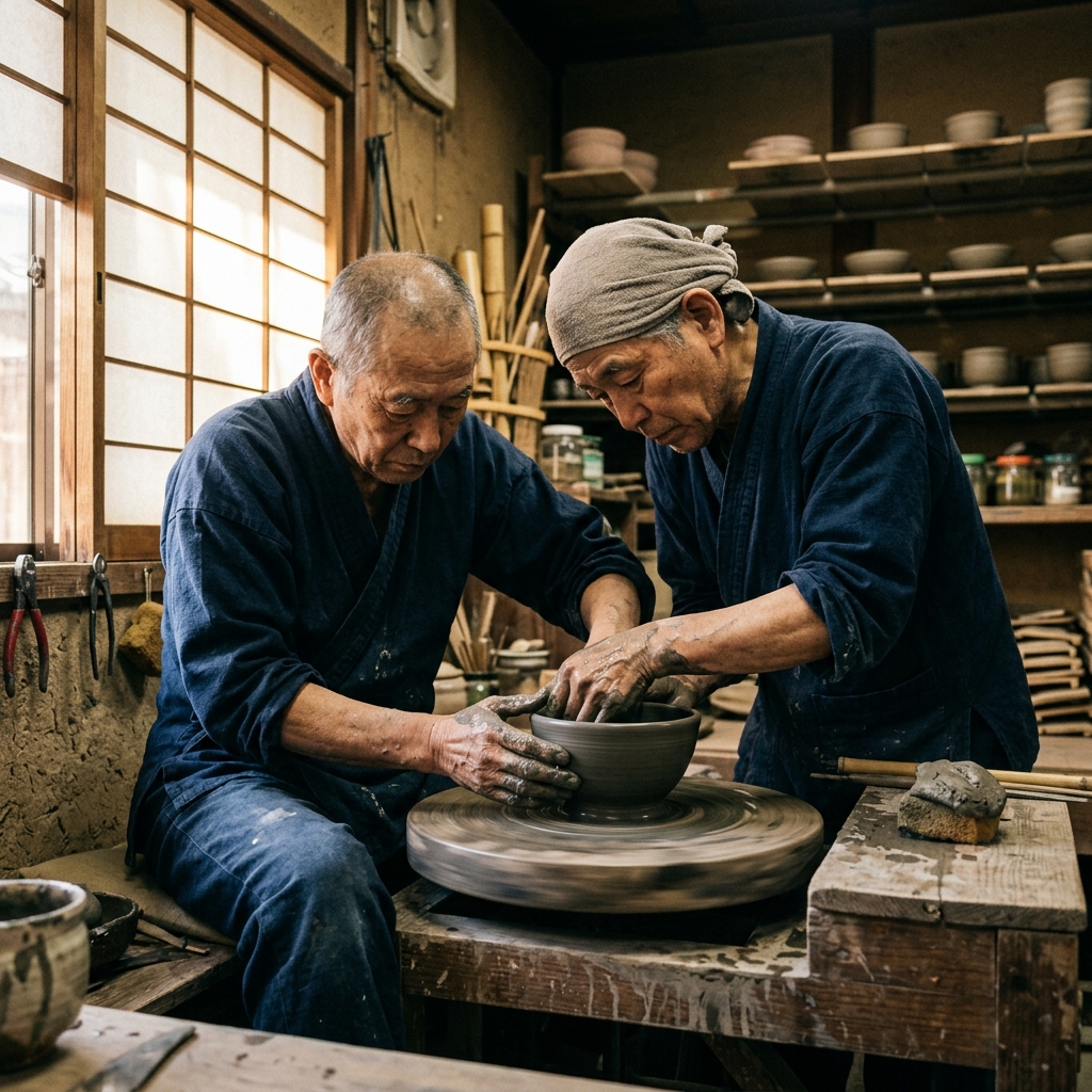 日本の工房で陶器を制作する職人の手元
